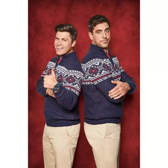 Izod Fair Isle Quarter Zip Sweater M Classic Fit Blue Red Holiday Pullover - Picture 9 of 9